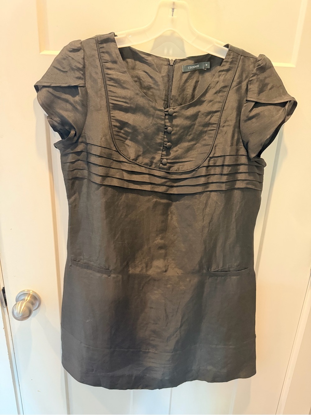 Theme M Black Silk Linen Blend Dress Pintuck Detail Career Cocktail